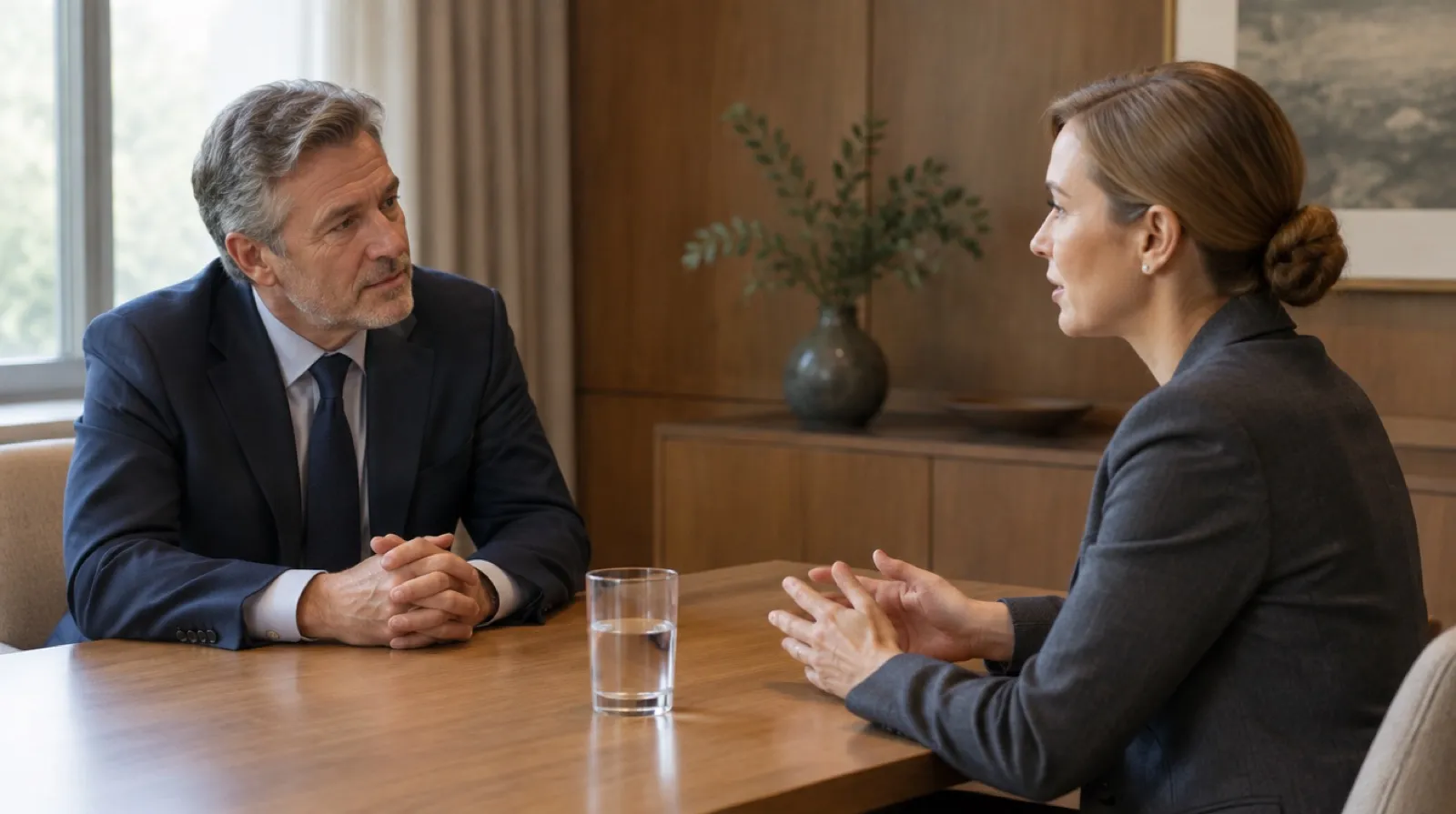 A one-to-one interview conversation between two professionals