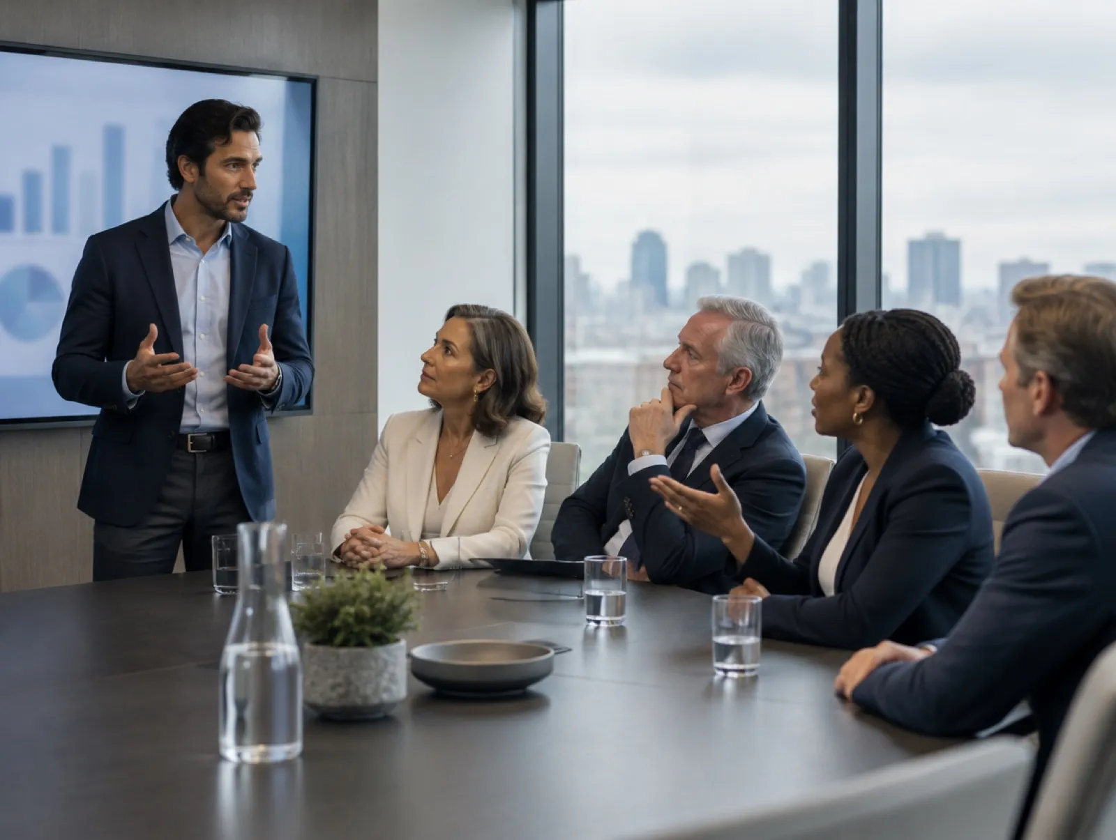 A professional presenting to senior colleagues in a meeting room